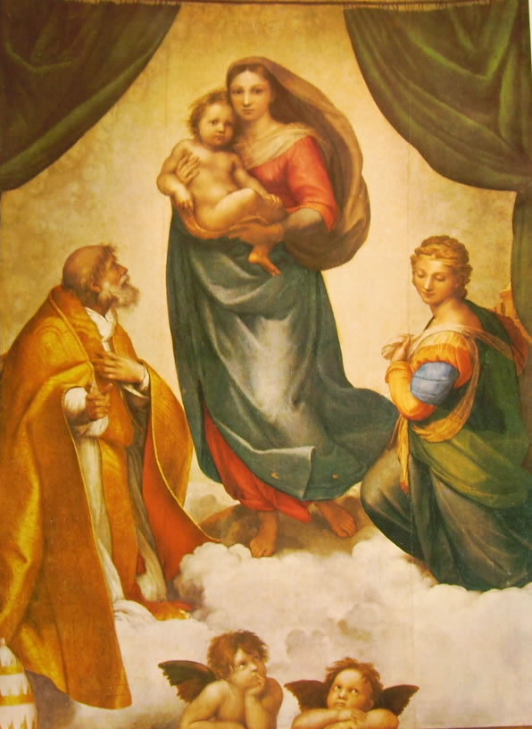Raffaello Sanzio: Madonna Sistina, Gemäldegalerie, Dresda. (265 x 196 cm).